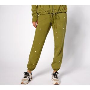Peace Love World Women's Petite Pants 1XP Embroidered Fleece Green A628268